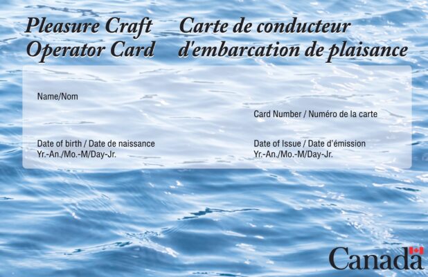 Sample Canadian Pleasure Craft Operator Card — the operator competency card, separate from the Pleasure Craft Licence transferred during a boat sale.