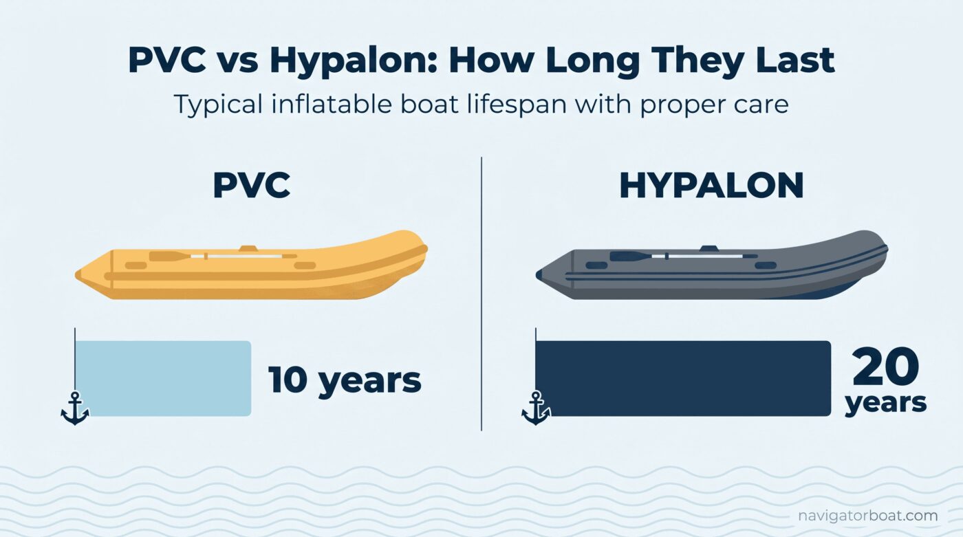 PVC vs Hypalon inflatable boat lifespan comparison: PVC boats typically last around 10 years, Hypalon boats around 20 years with proper care.